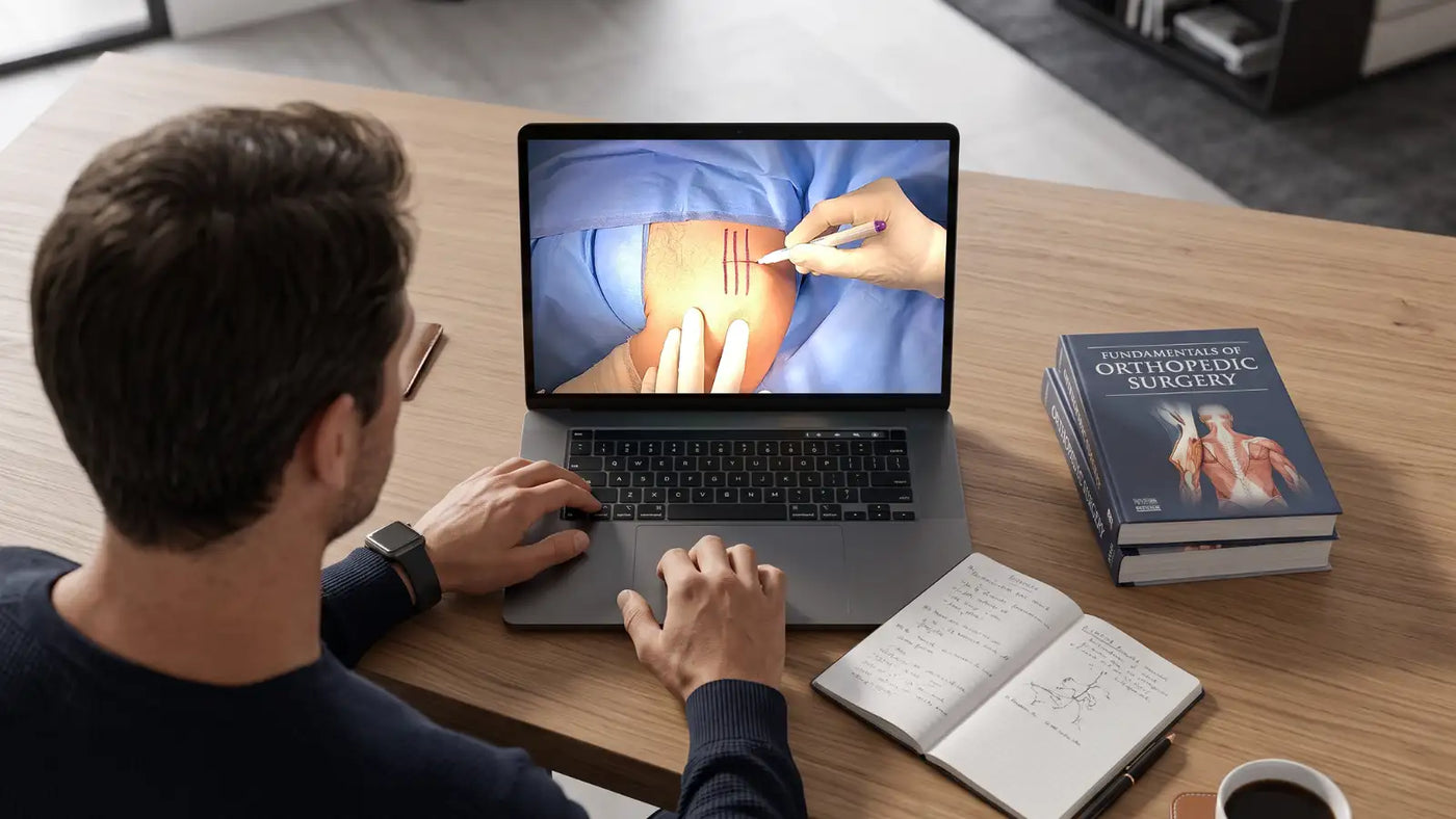 Physician reviewing a surgical procedure video as part of structured preparation between clinical cases.
