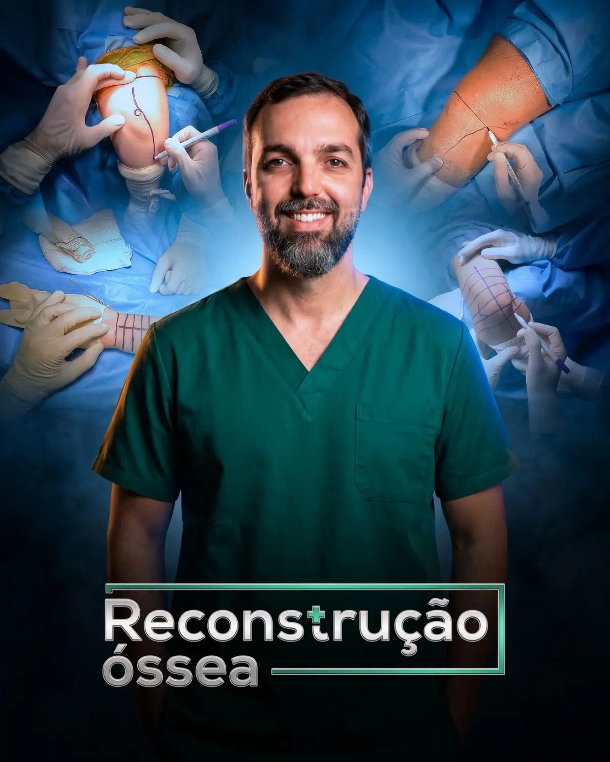 Orthopedic surgeon in green scrubs standing before a background of surgical procedures with marked patient limbs.