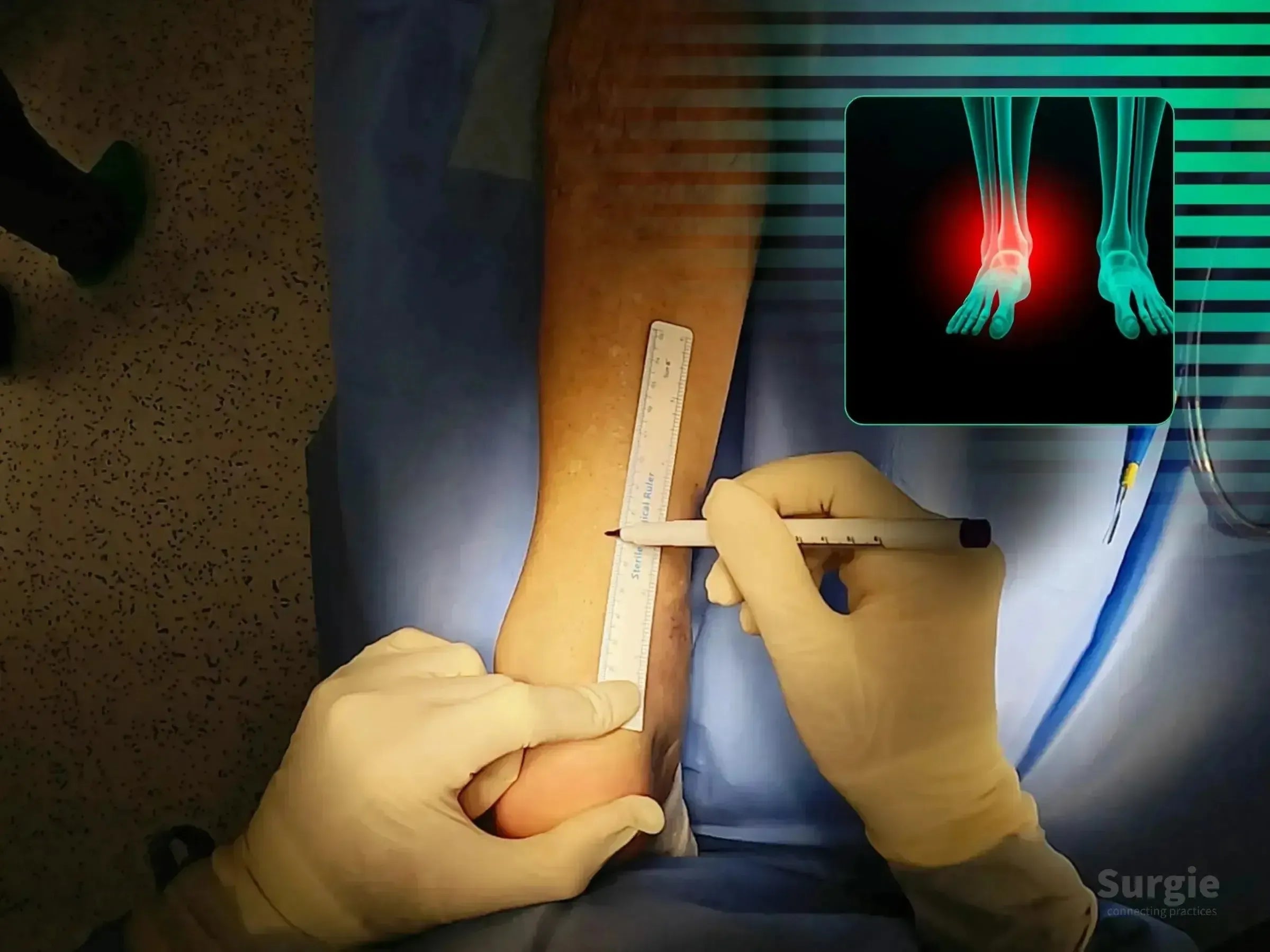 Surgeon marking an ankle incision with a sterile ruler, featuring a digital overlay of an injured ankle joint.